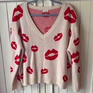 POL V-Neck Sweater with Red Lip Print
